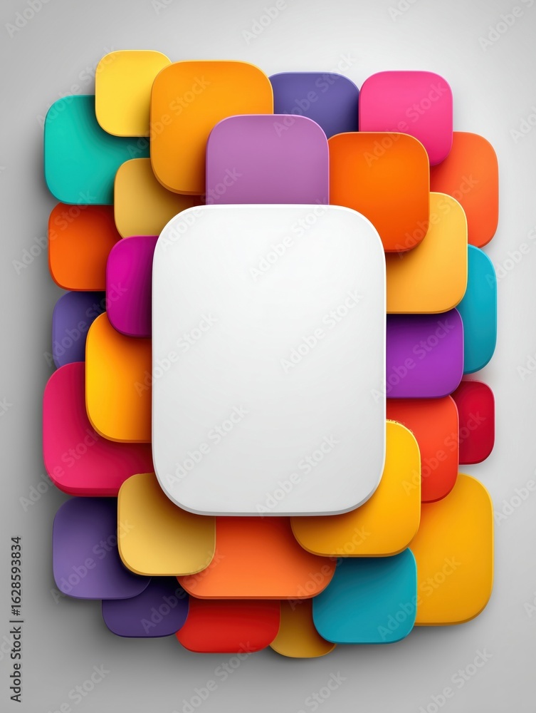 Aufkleber minimalistic white rectangular frame surrounded by vibrant 3d abstract colorful cloud shapes in oran