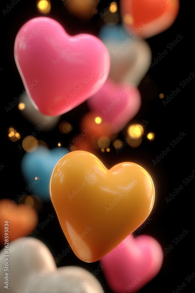 Poster vibrant 3d hearts in various colors floating against a dark backdrop with soft glowing lights.