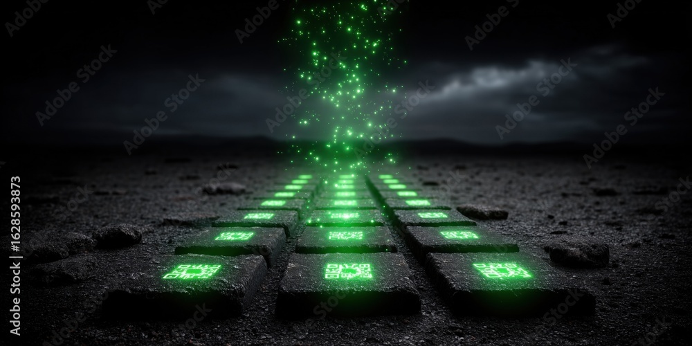 Aufkleber green glowing microchips embedded in a dark futuristic surface emit digital particles into the air, 