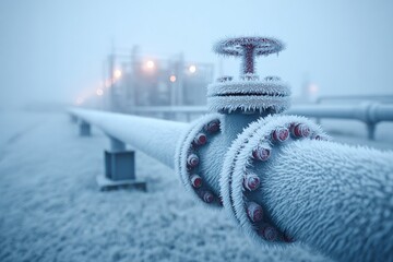 Frost-covered pipeline surrounded by industrial landscape in a cold winter setting
