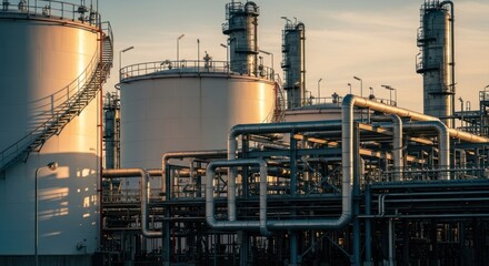 Fototapeta premium Industrial refinery tanks and pipes at sunset