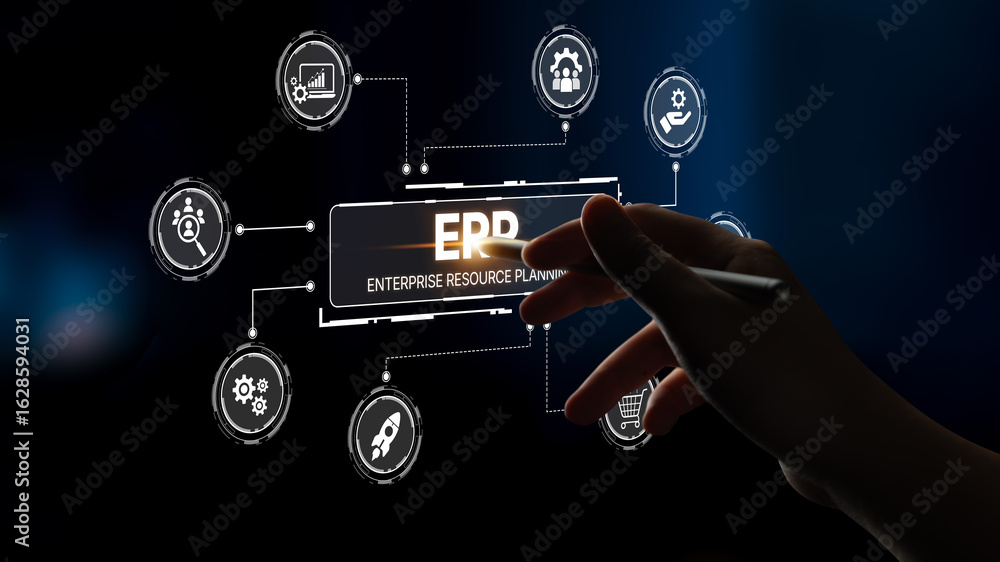Aufkleber erp platform visual showing centralized system for enterprise resource planning, improving integrati
