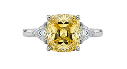 Cushion cut yellow diamond engagement ring isolated on transparent background