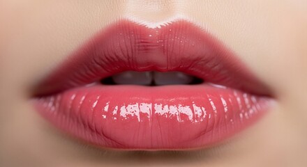 Close-up of Glossy Pink Lips: Beauty and Cosmetics Concept, Perfect Lip Makeup, Moisturizing Lip Gloss