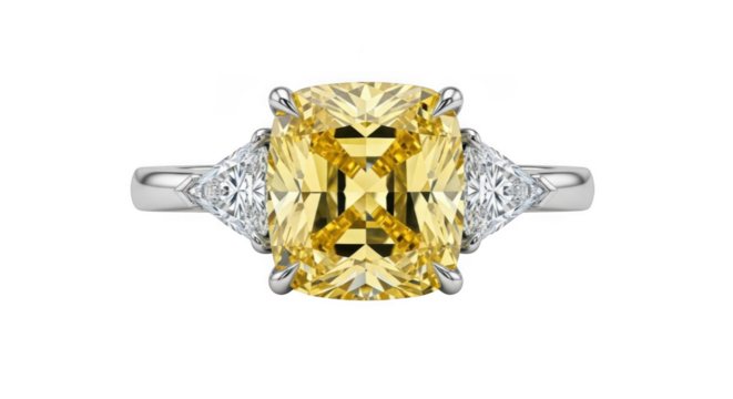 Cushion cut yellow diamond engagement ring isolated on transparent background