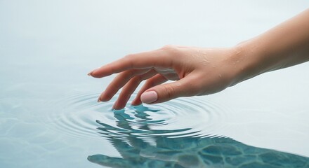 Serene hand touching water in a pool, creating ripples. Concept of beauty, spa, relaxation, and tranquility.