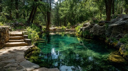 Naklejka premium Tranquil pool nestled in a sun-drenched forest. Stone steps lead down to crystal-clear water