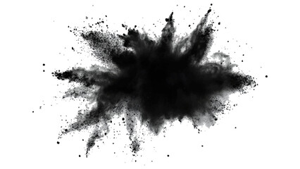 Black color powder explosion isolated on white background. Black dust flying, effect explode isolated on white background. Black sand flying explosion on a white transparent background. 