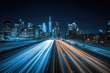 Fototapeta premium Night city lights streak across highway