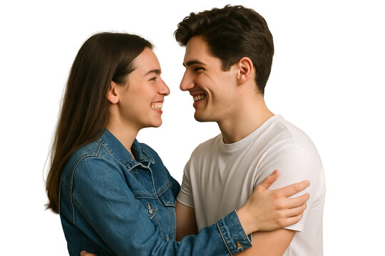  casal de jovens namorados abra&ccedil;ados e sorrindo de forma natural em um est&uacute;dio com ilumina&ccedil;&atilde;o profissional suave, luz difusa, fundo transparente