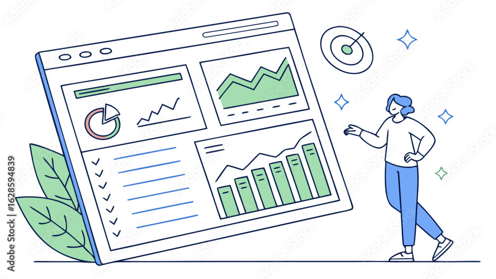 Poster a woman standing next to a large screen displaying various charts and graphs with a target in the ba