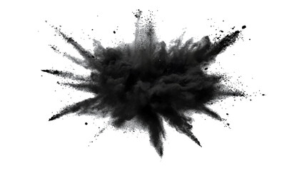 Black color powder explosion isolated on white background. Black dust flying, effect explode isolated on white background. Black sand flying explosion on a white transparent background. 