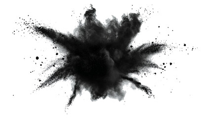 Black color powder explosion isolated on white background. Black dust flying, effect explode isolated on white background. Black sand flying explosion on a white transparent background. 