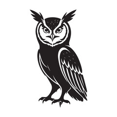 Vector art of black and white silhouette of an owl with large eyes and ear tufts, isolated on a white background