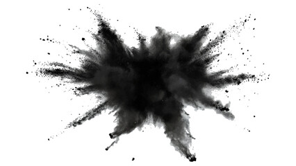 Black color powder explosion isolated on white background. Black dust flying, effect explode isolated on white background. Black sand flying explosion on a white transparent background. 