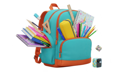 Turquoise and orange backpack filled with school supplies isolated on transparent background