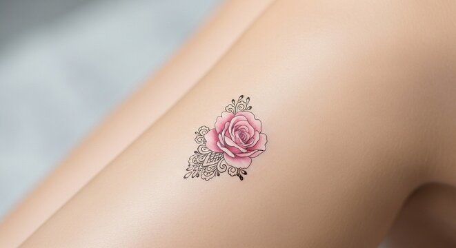 Close-up of a delicate pink rose temporary tattoo on a woman's leg.  Beautiful floral body art, perfect for summer fashion and beauty.