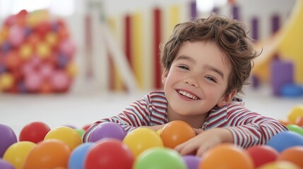 Obraz premium A boy plying in colorful plastic balls