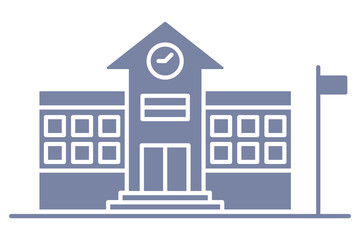 Minimal line drawing of a symmetrical school building with clock, steps, and flag — clean icon for learning, public space, or architectural themes