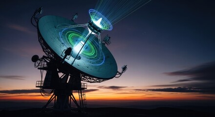 Large dish antenna at sunset, glowing with digital light