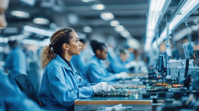 A focused worker meticulously assembles electronic components on a circuit board in a high-tech manufacturing facility