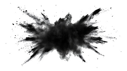 Black color powder explosion isolated on white background. Black dust flying, effect explode isolated on white background. Black sand flying explosion on a white transparent background. 