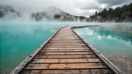 wooden pontoon across the lake