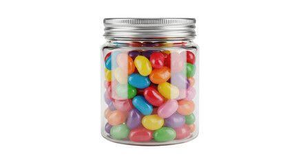 Glass jar filled with colorful jelly beans isolated on transparent background