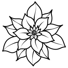 Stylized black and white outline of a blooming flower with multiple petals and leafy accents