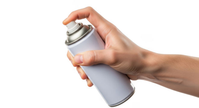 Hand holding a white spray can isolated on transparent background