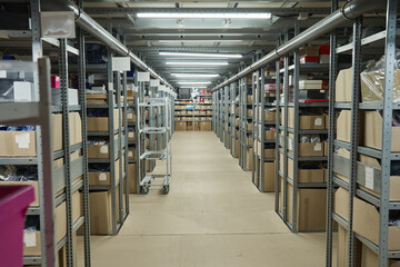 Long Warehouse Aisle with Densely Packed Shelves