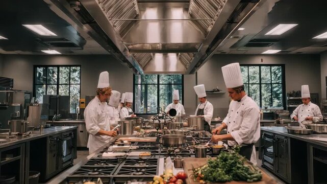 A team of chefs in white uniforms prepares food in a large modern and busy commercial kitchen
