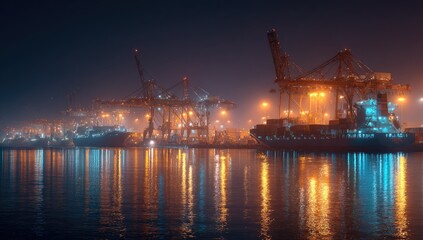 Obraz premium Night port scene, cargo ships, cranes, lights reflecting on water