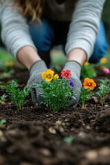 Fototapeta premium Woman planting flowers in garden.