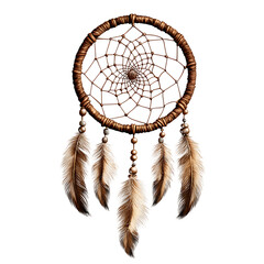 Intricate Brown Dreamcatcher with Feathers, Boho Chic Style, Mystical and Spiritual Vibe, Isolated on transparent Background.