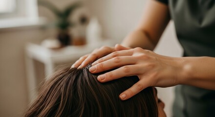 Fototapeta premium Close-up of Professional Hands Performing a Relaxing Head Massage or Scalp Treatment for Wellness and Stress Relief