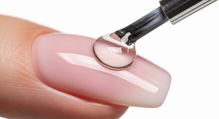 Applying Clear Gel Nail Polish: Close-up of a hand with a pink manicure, a brush with clear gel polish dripping onto the nail, nail care, beauty concept.