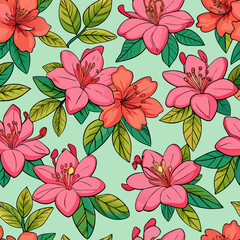 Seamless pattern of vibrant pink and coral azalea flowers with green leaves on a light mint green background