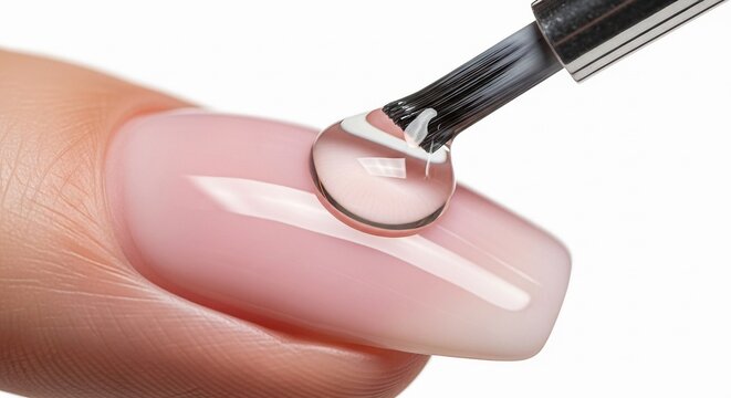 Applying Clear Gel Nail Polish: Close-up of a hand with a pink manicure, a brush with clear gel polish dripping onto the nail, nail care, beauty concept.
