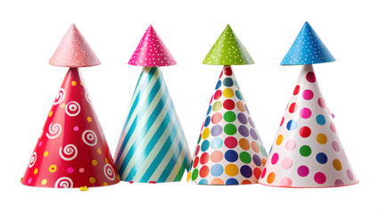 Photo of four colorful party hats with various patterns, isolated on transparent background
