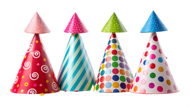 Photo of four colorful party hats with various patterns, isolated on transparent background