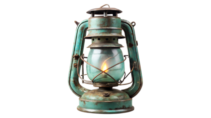 Photo of vintage green oil lantern with a lit flame, isolated on transparent background