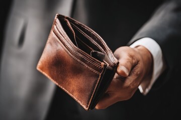 Debt financial concept, stressed problem people asian man, male hand open empty wallet not have budget of money to pay no have credit card, not able payment bill, loan or expense with bank, bankruptcy