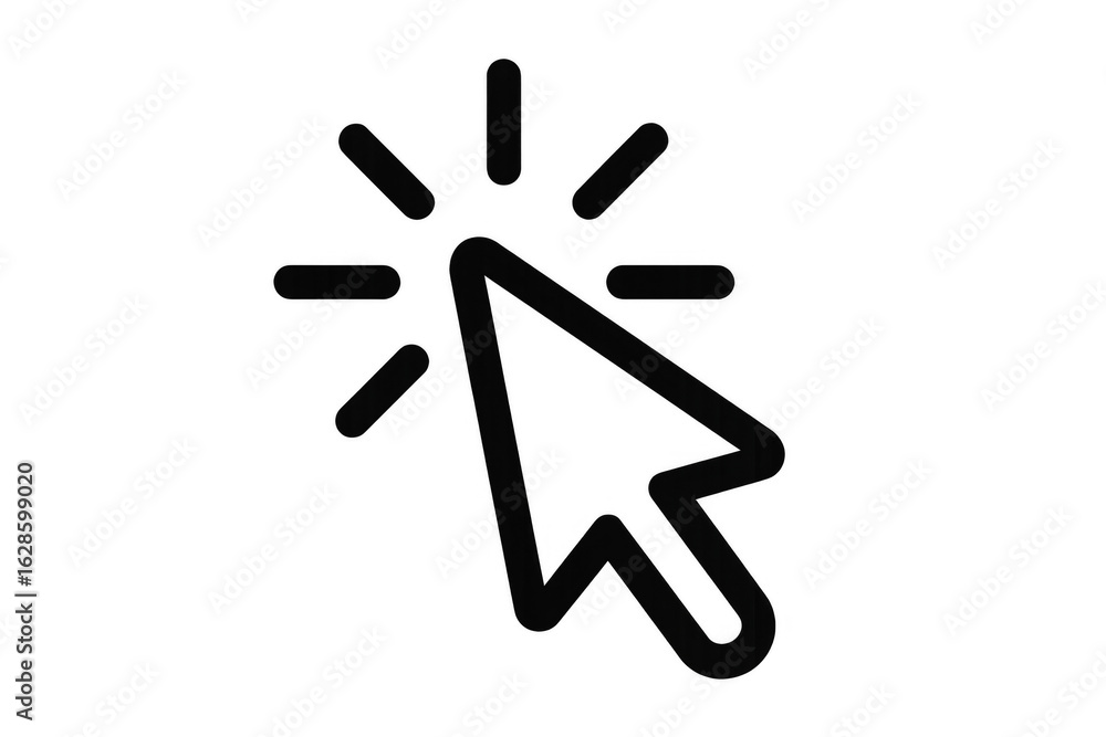 Poster glowing mouse cursor clicking, emitting radiant light beams representing digital interaction and sel