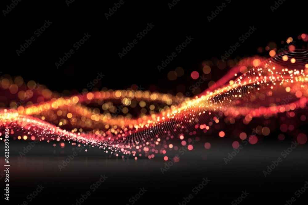 Poster colorful abstract wave pattern with luminous dots on a dark background