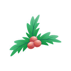 Christmas Red Berries with Green Leaves Isolated on White Background, vector illustration