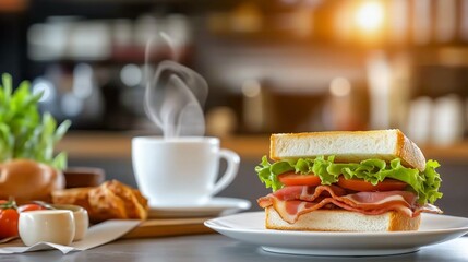 A classic BLT sandwich, stacked with perfectly toasted bread, crunchy bacon, fresh lettuce, and ripe tomatoes