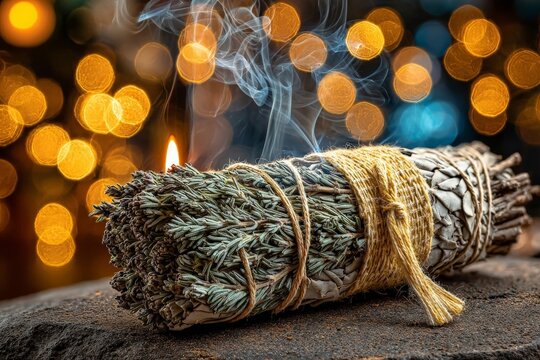 Smudging ceremony with sage bundle surrounded by soft glowing lights and smoke in the background at dusk