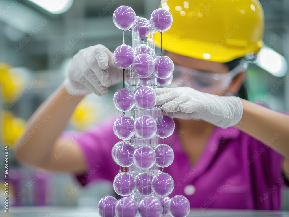 Poster a scientist constructs a molecular model with purple spheres, showcasing precision and focus in a la