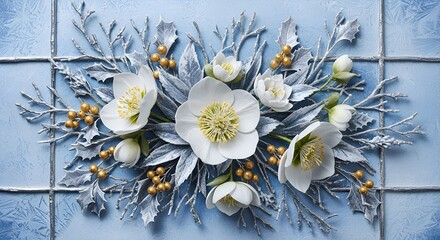 Close-up of elegant winter floral display featuring white hellebore flowers, frosted silver foliage, and shimmering gold berries, set against a serene icy blue backdrop.